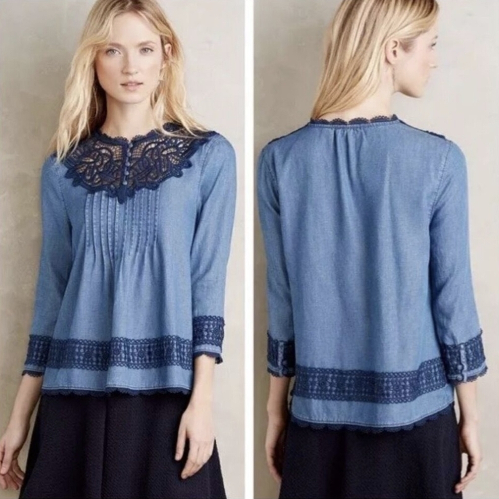 Anthro|Holding Horses Shirt Western Blue Chambray Embroidered 3/4 Sleeve Size 10
